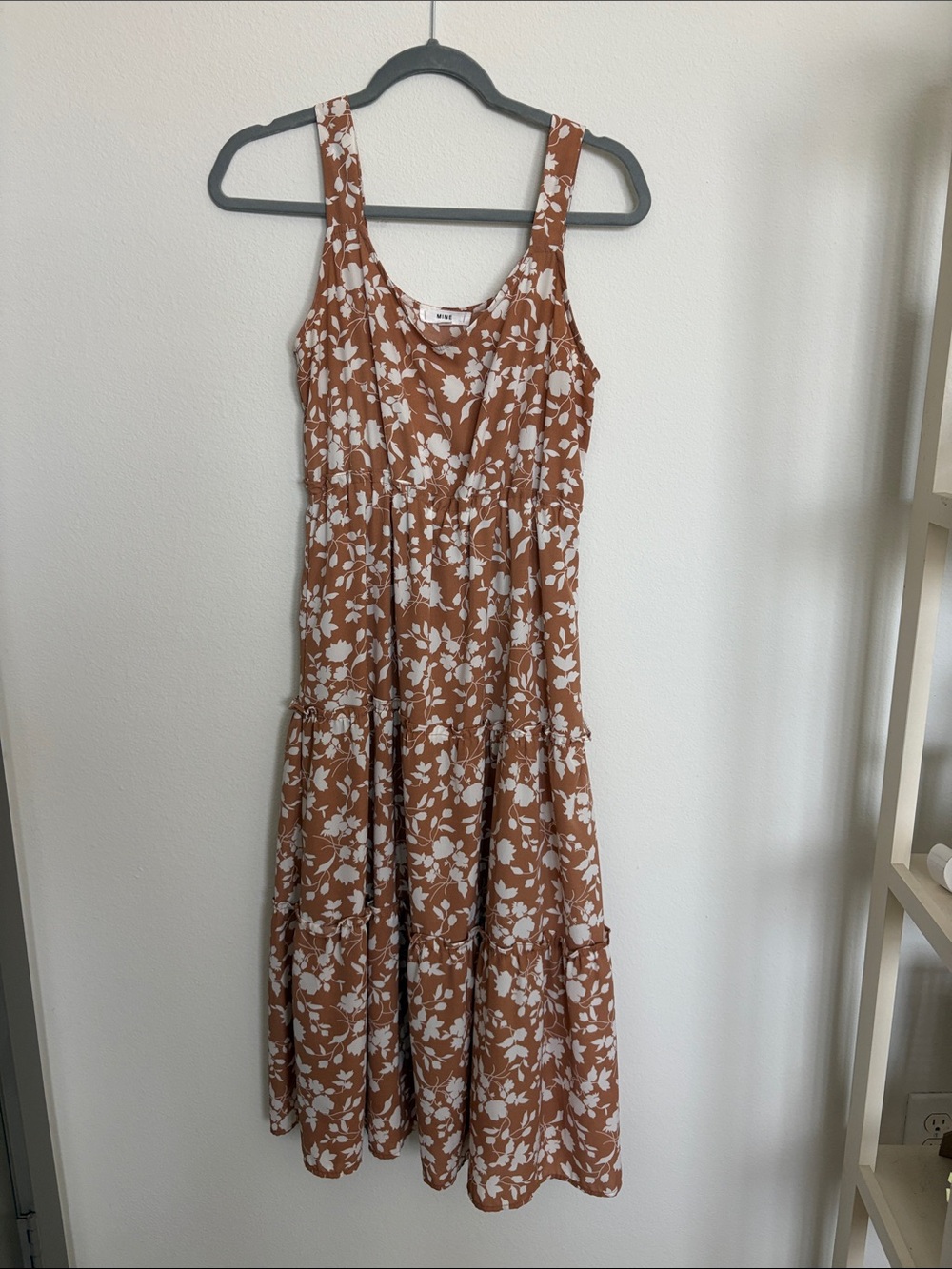 mine Rust Brown Floral Tiered Midi Dress